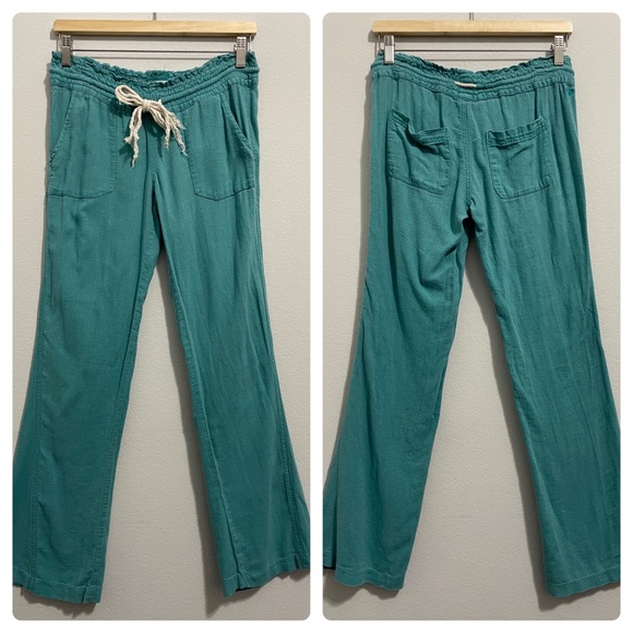 Roxy Linen Pants Teal Blue Green Wide Leg Oceanside Flare Pant Womens XS - Picture 2 of 9